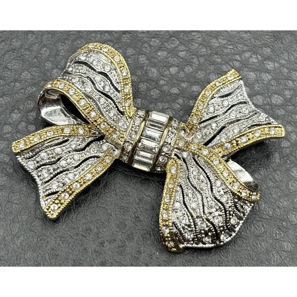 Vintage 90s Gold Tone Silver Tone Rhinestone Bow Brooch Pin Art Deco Revival